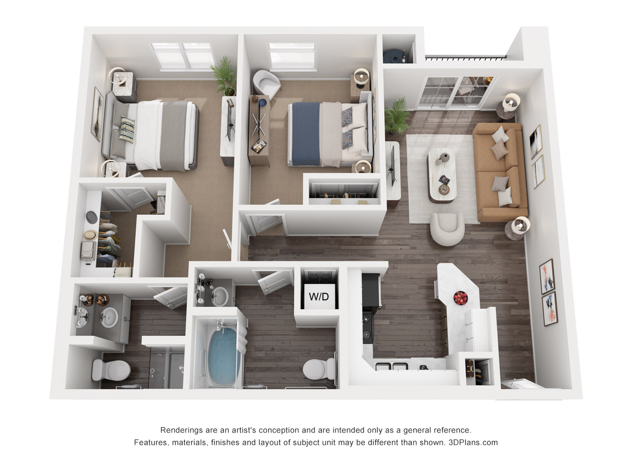 Floor plan for 2 beds, 2 baths, 983 sqft